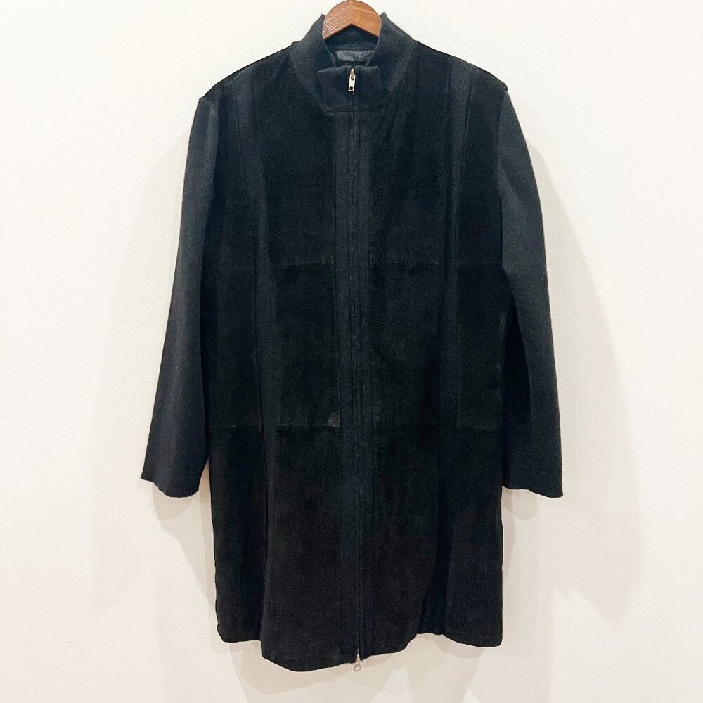 Vintage Caren Sport Coat Womens 1X Black Leather Suede Knit Longline Artsy